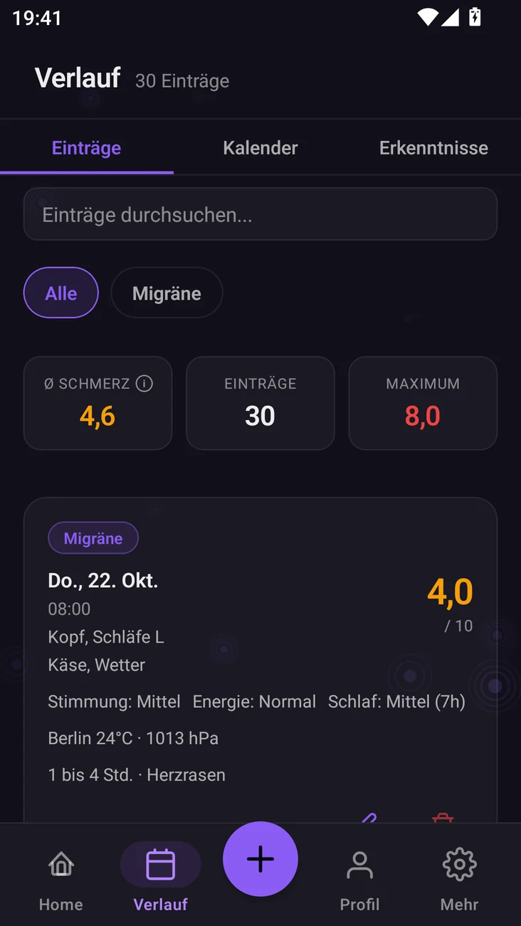 Verlauf der App: Durchschnitt, Zahl der Einträge und Maximum, darunter ein Migräne-Eintrag mit Kopf und Schläfe links, Auslösern Käse und Wetter, Befinden, Wetter und Dauer, Musterdaten